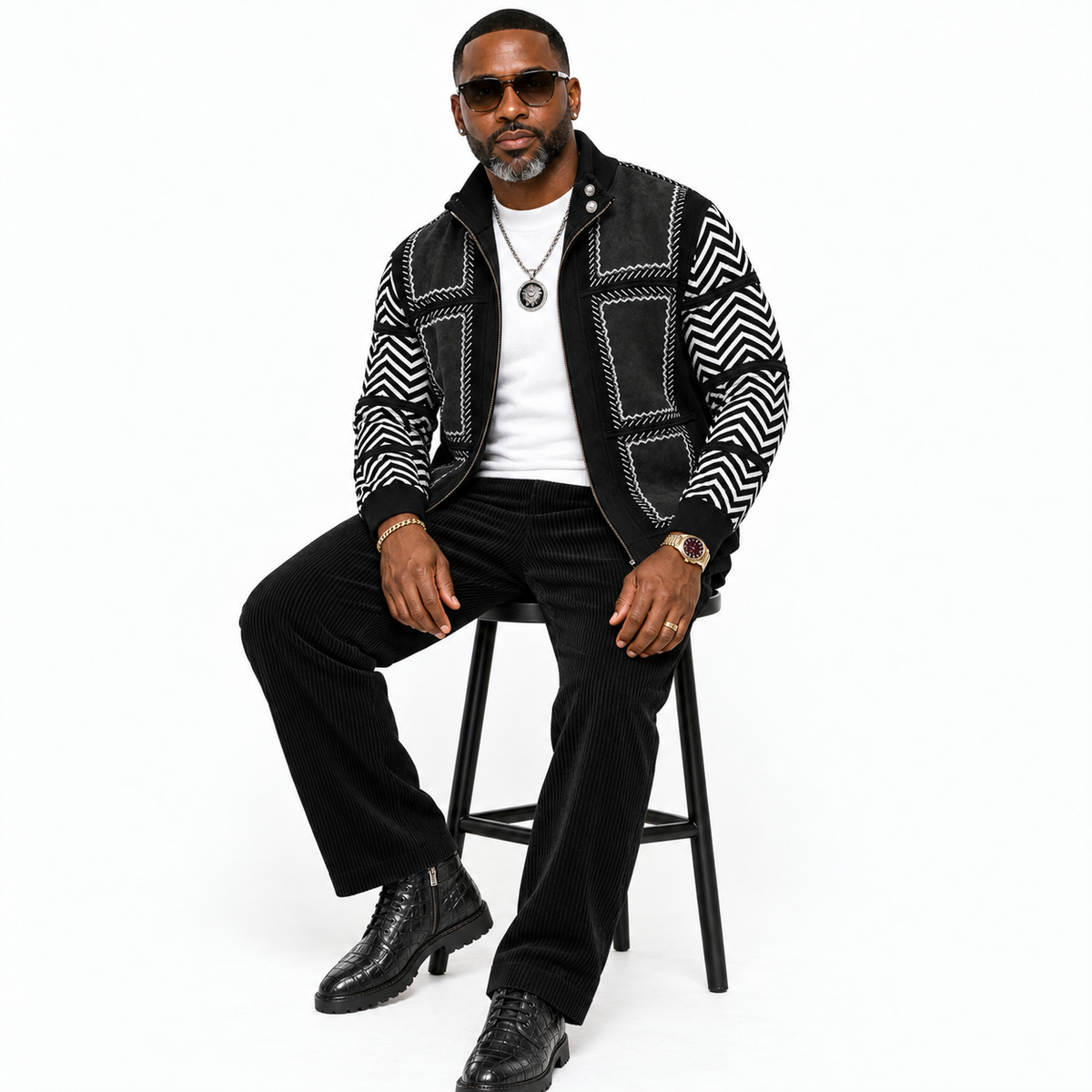 Silversilk Men’s Patchwork Full-Zip Sweater Jacket: Black