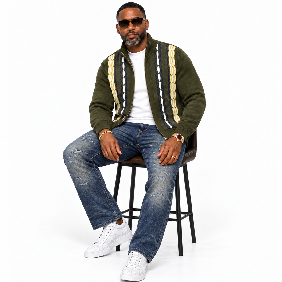Silversilk Men’s Heritage Stripe Full-Zip Sweater Jacket: Olive Blue
