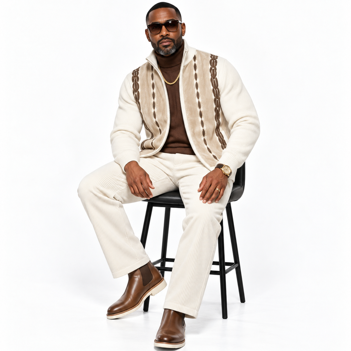 Silversilk Men’s Heritage Stripe Full-Zip Sweater Jacket: Cream