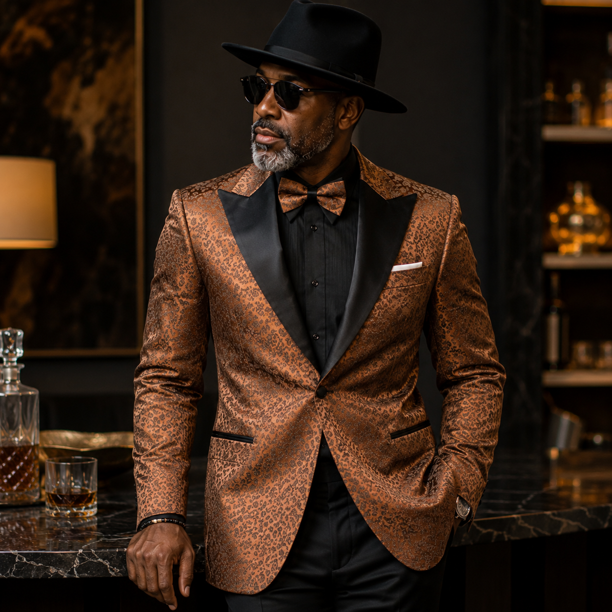 Men’s Floral Peak Lapel Blazer with Matching Bow Tie – Brown