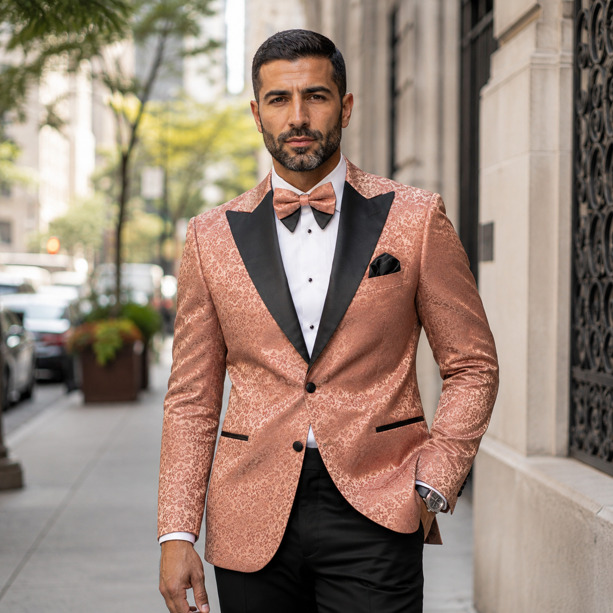 Men’s Floral Peak Lapel Blazer with Matching Bow Tie – Clay
