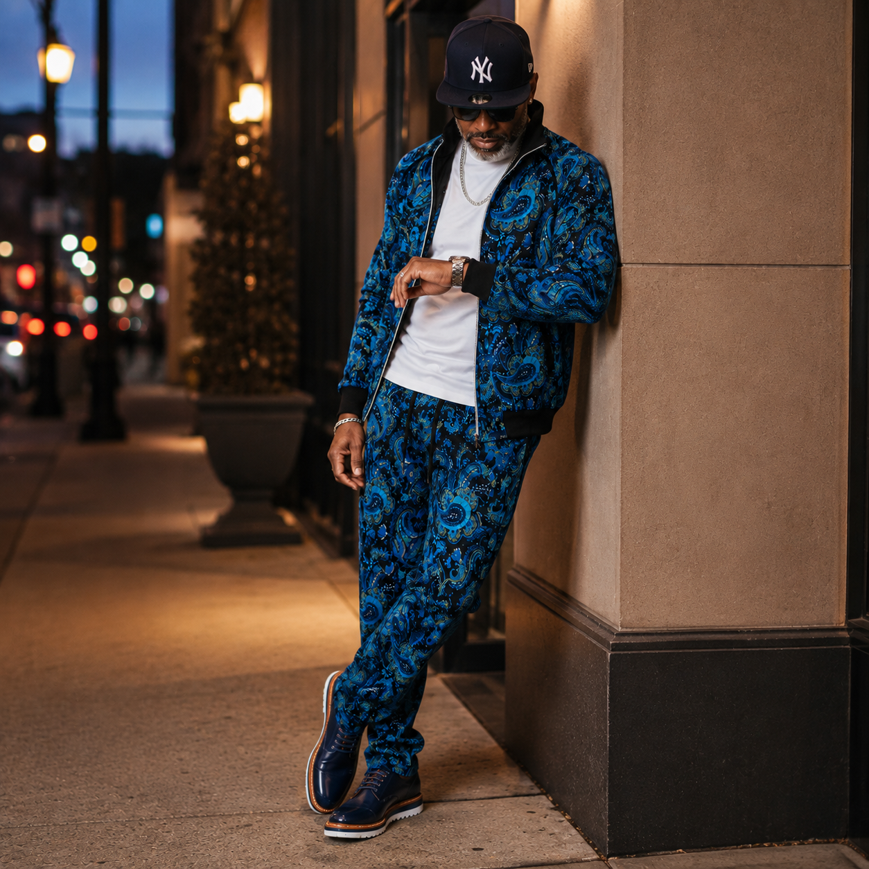 Inserch Men's Paisley Velour Track Jacket & Pant Set: Indigo