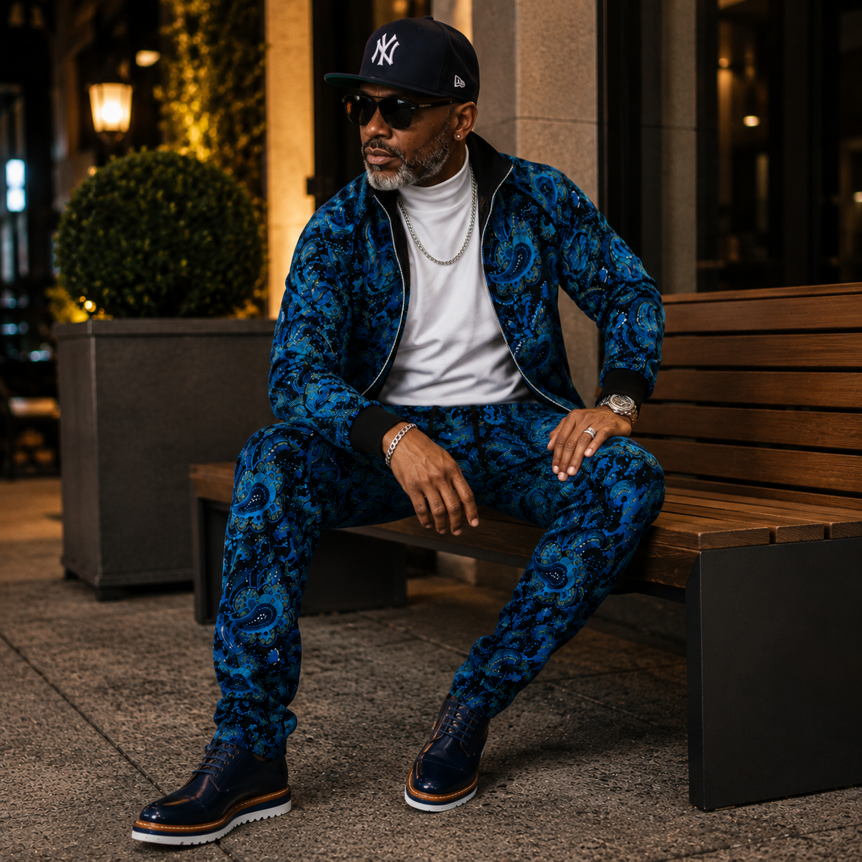 Inserch Men's Paisley Velour Track Jacket & Pant Set: Indigo