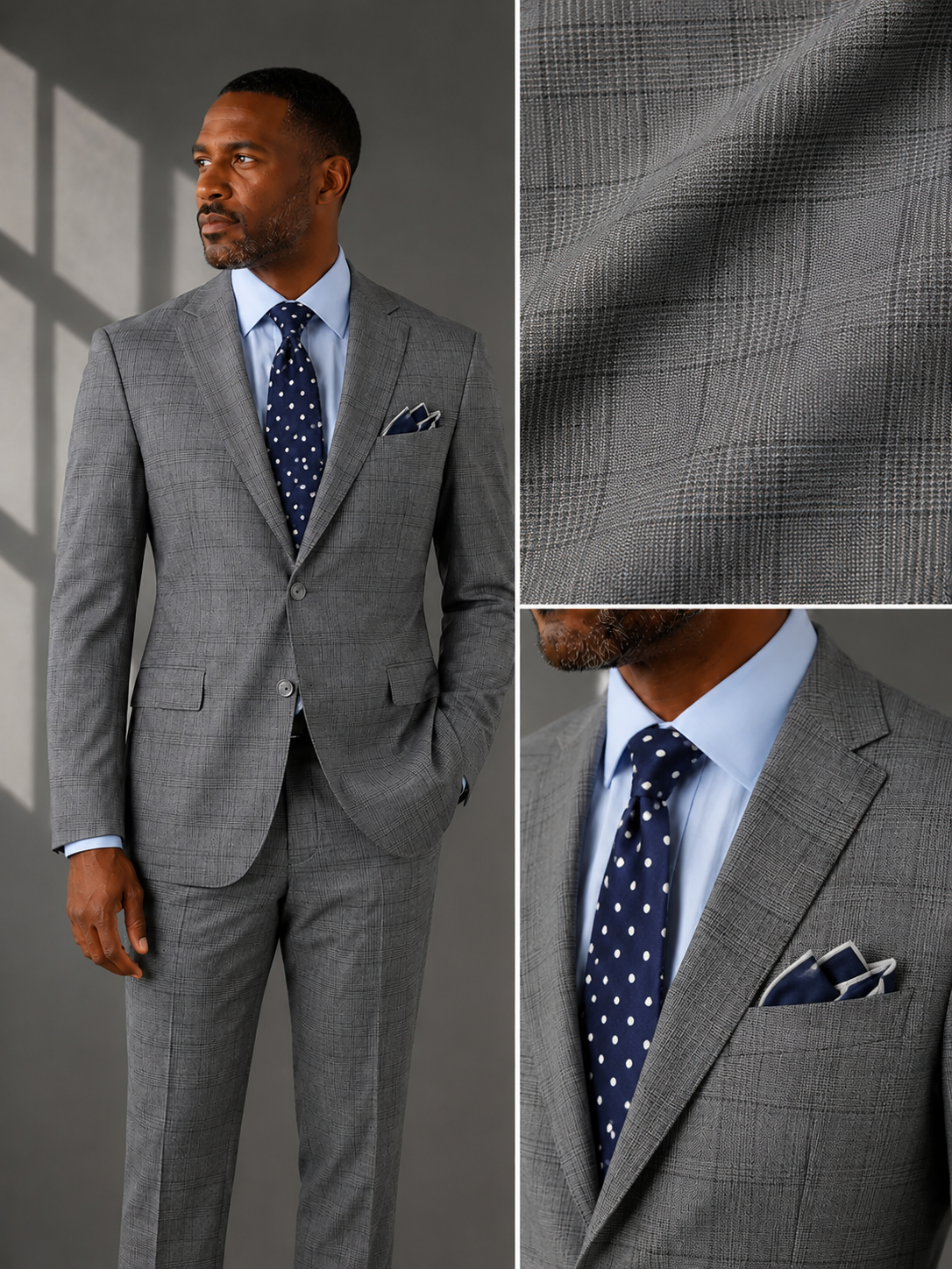 Men's Gray Modern Fit Windowpane Suit with Peak Lapel MRW-1