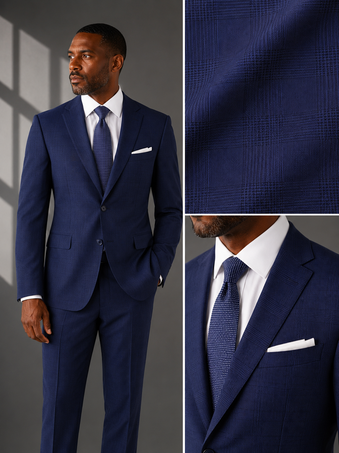 Men's Blue Modern Fit Windowpane Suit with Peak Lapel MRW-1