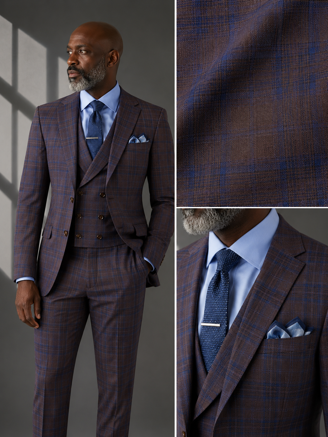 Men’s Purple Modern Fit Windowpane 3-Piece Suit with Double-Breasted Vest MV2W-3