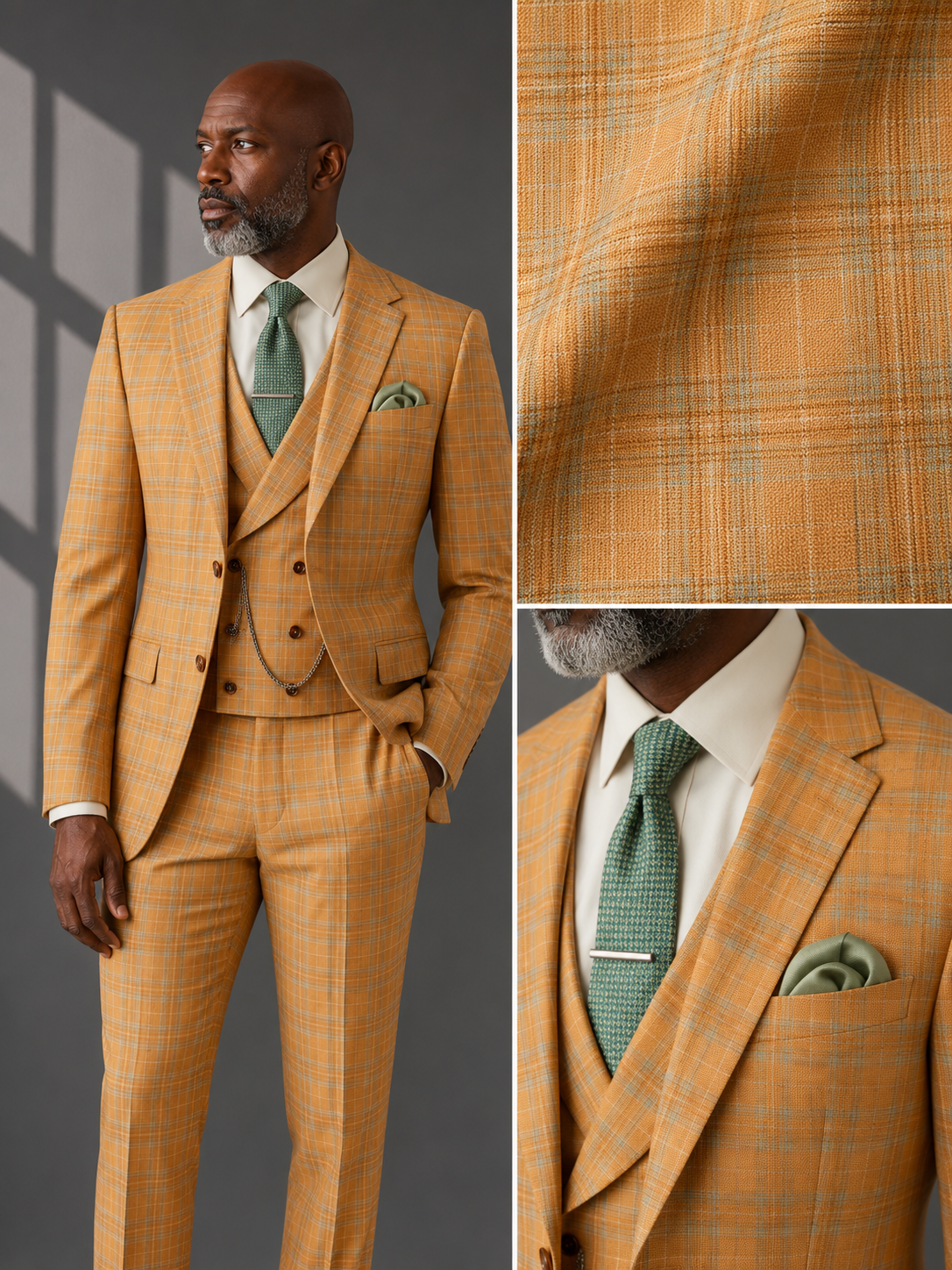 Men’s Orange Modern Fit Windowpane 3-Piece Suit with Double-Breasted Vest MV2W-3