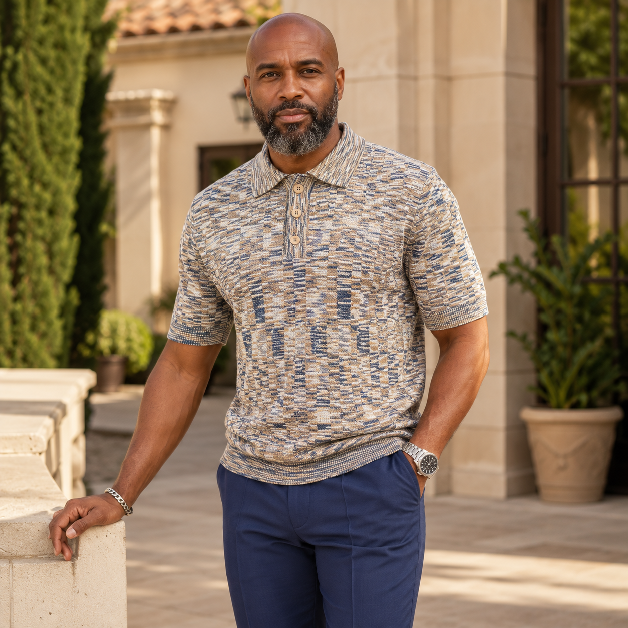 Stacy Adams Zip Knit Polo – Relaxed Fit Tan/Navy 21057