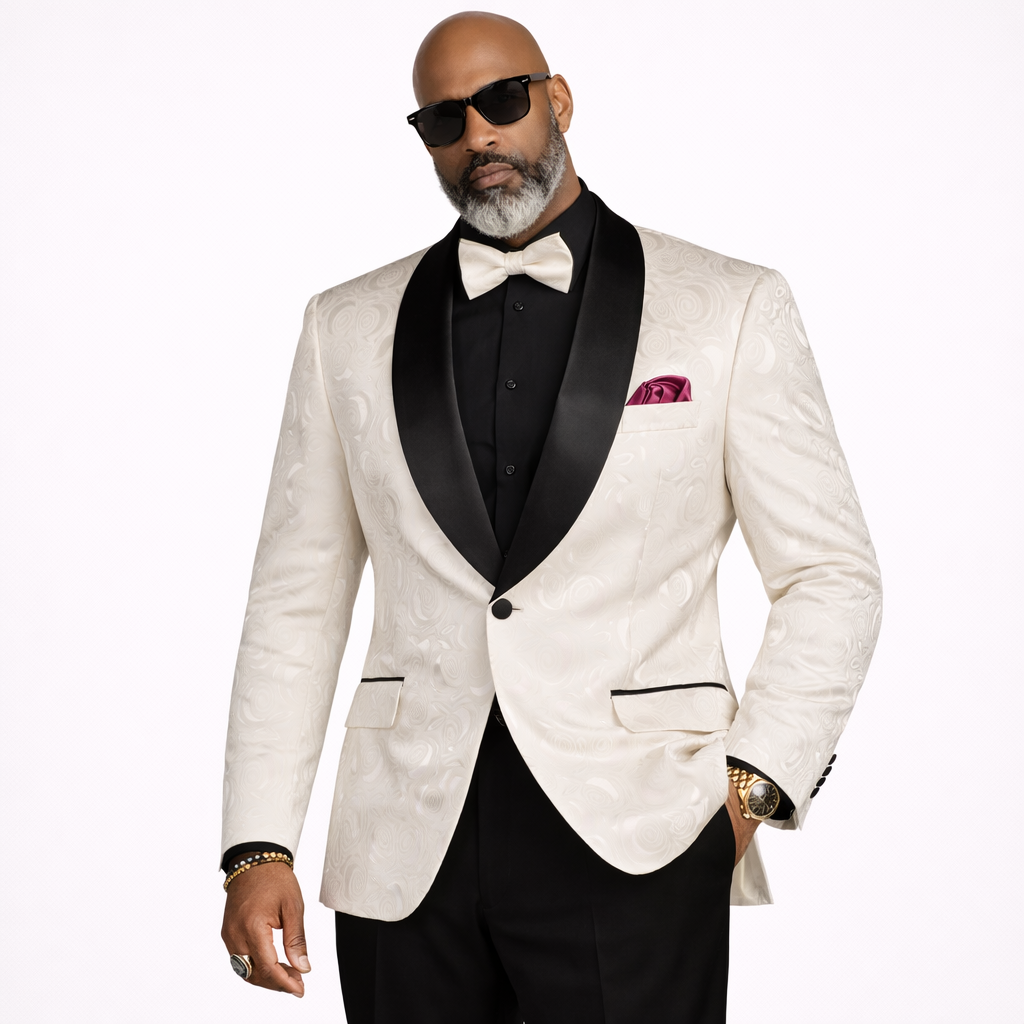 Men’s Floral Jacquard Shawl Lapel Blazer with Matching Bow Tie – Formal Tuxedo Jacket – White