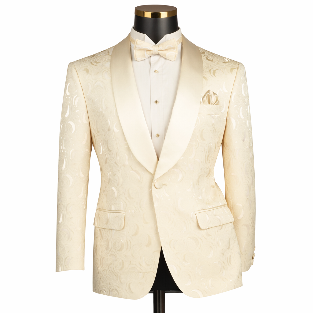 Men’s Floral Jacquard Shawl Lapel Blazer with Matching Bow Tie – Formal Tuxedo Jacket – Champagne