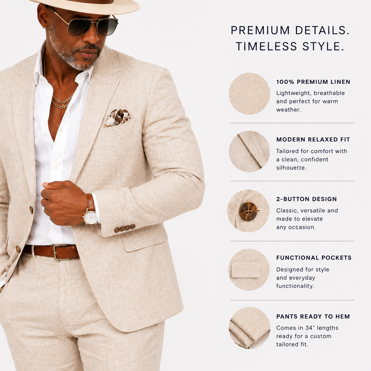Inserch Men's Premium Linen Suit Oatmeal