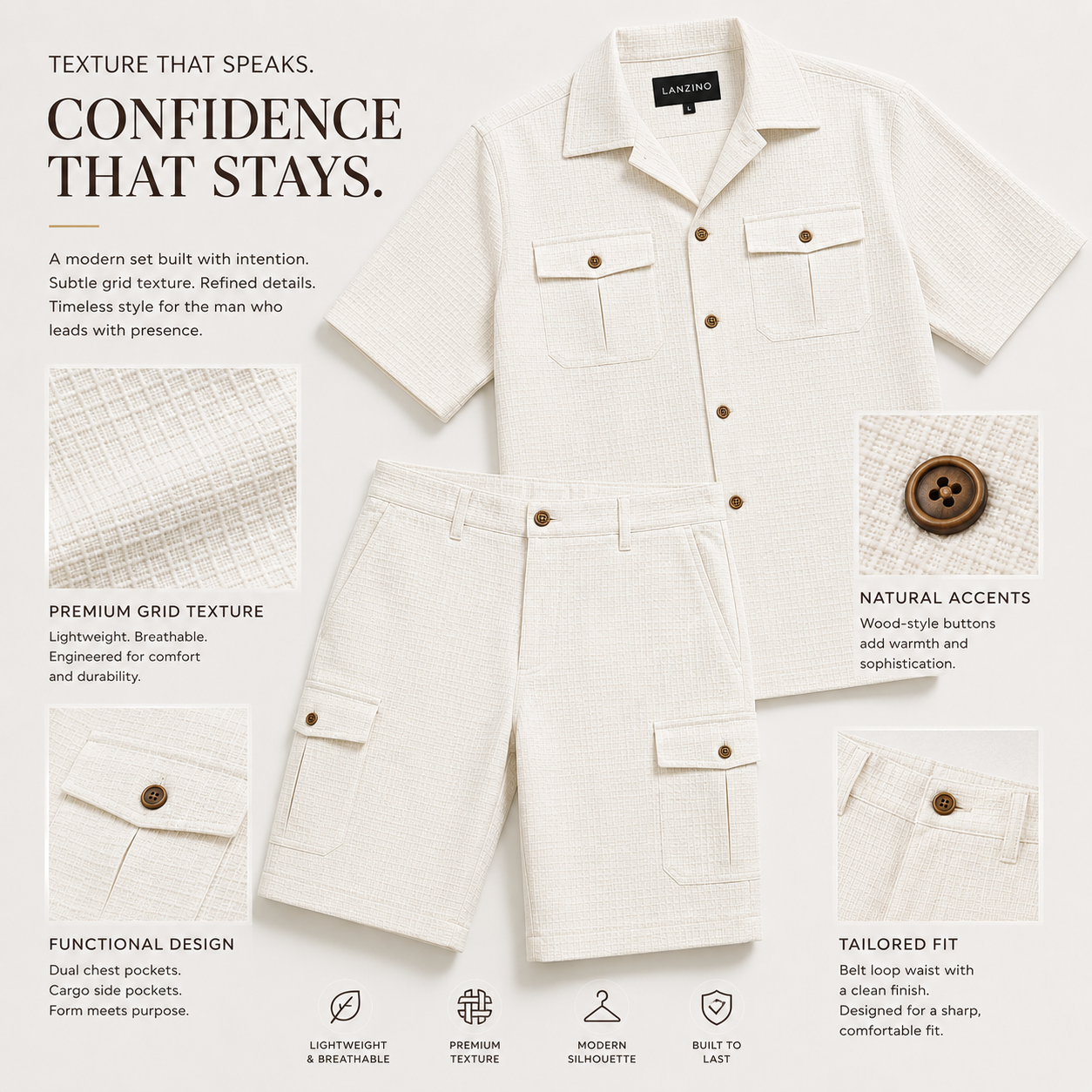 Lanzino Cargo Textured Short Set (Bone) 3123L
