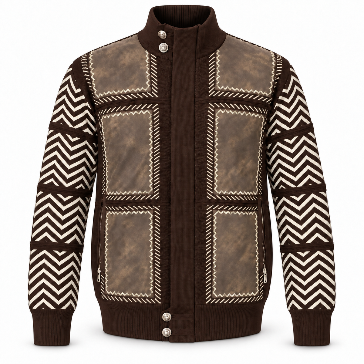 Silversilk Men’s Patchwork Full-Zip Sweater Jacket: Brown