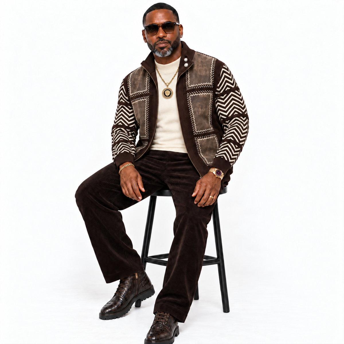Silversilk Men’s Patchwork Full-Zip Sweater Jacket: Brown