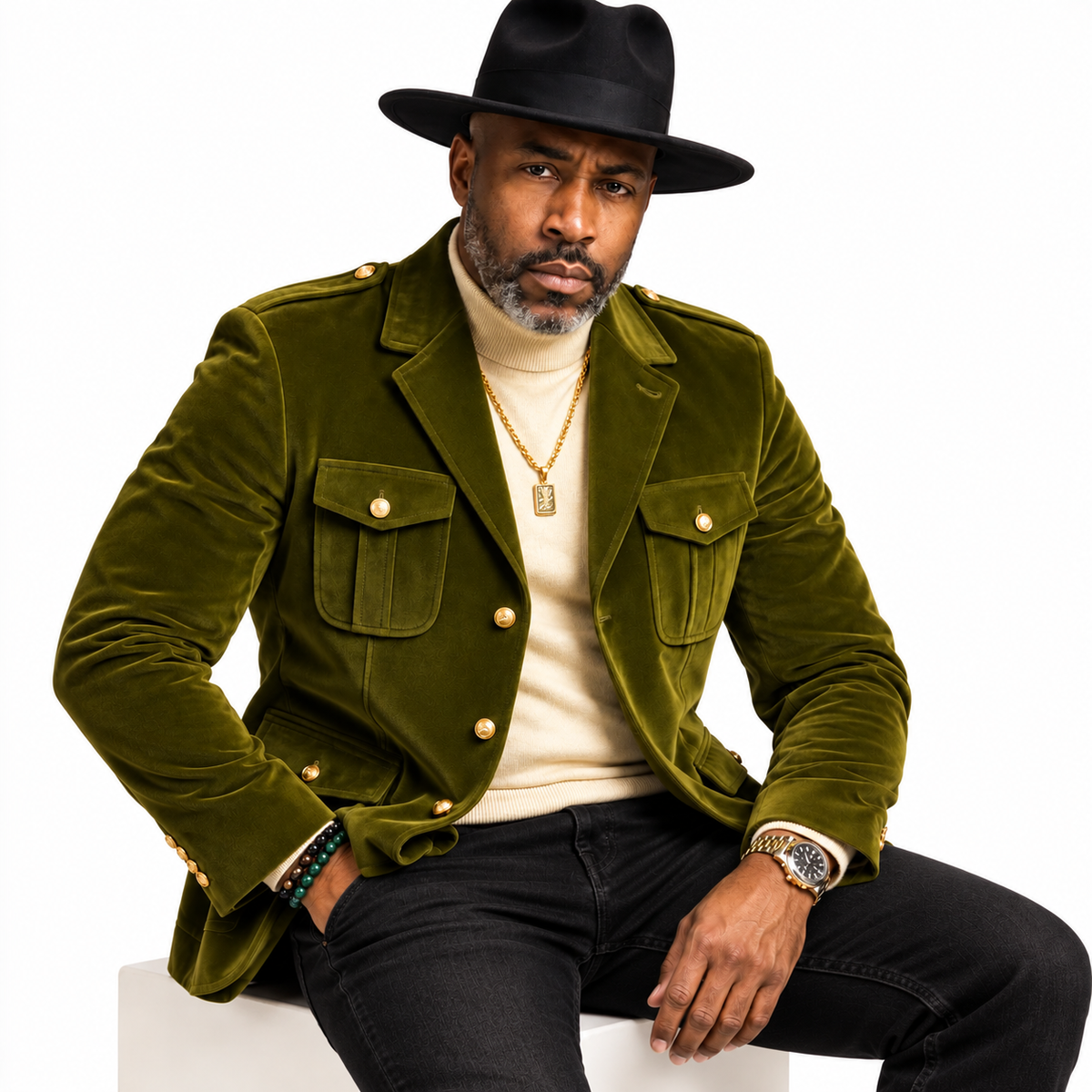 Inserch Men’s Velveteen Suede Military Blazer BL-569 Green