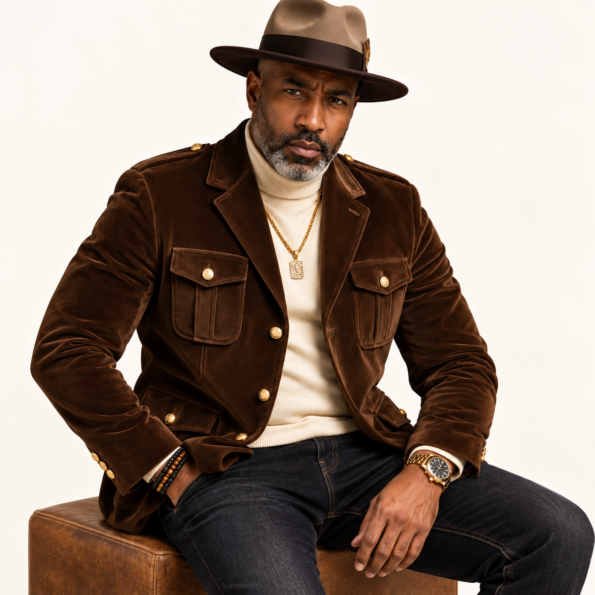 Inserch Men’s Velveteen Suede Military Blazer BL-569 Brown