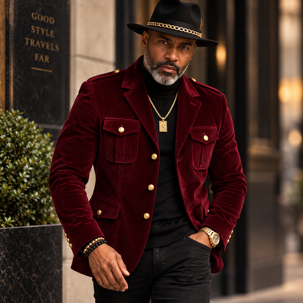 Inserch Men’s Velveteen Suede Military Blazer BL-569 Burgundy