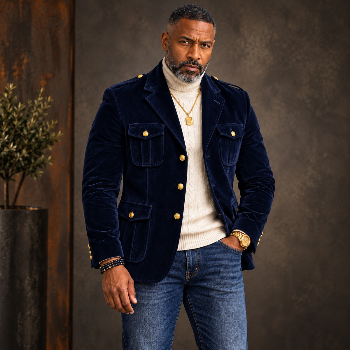 Inserch Men’s Velveteen Suede Military Blazer BL-569 Navy Blue
