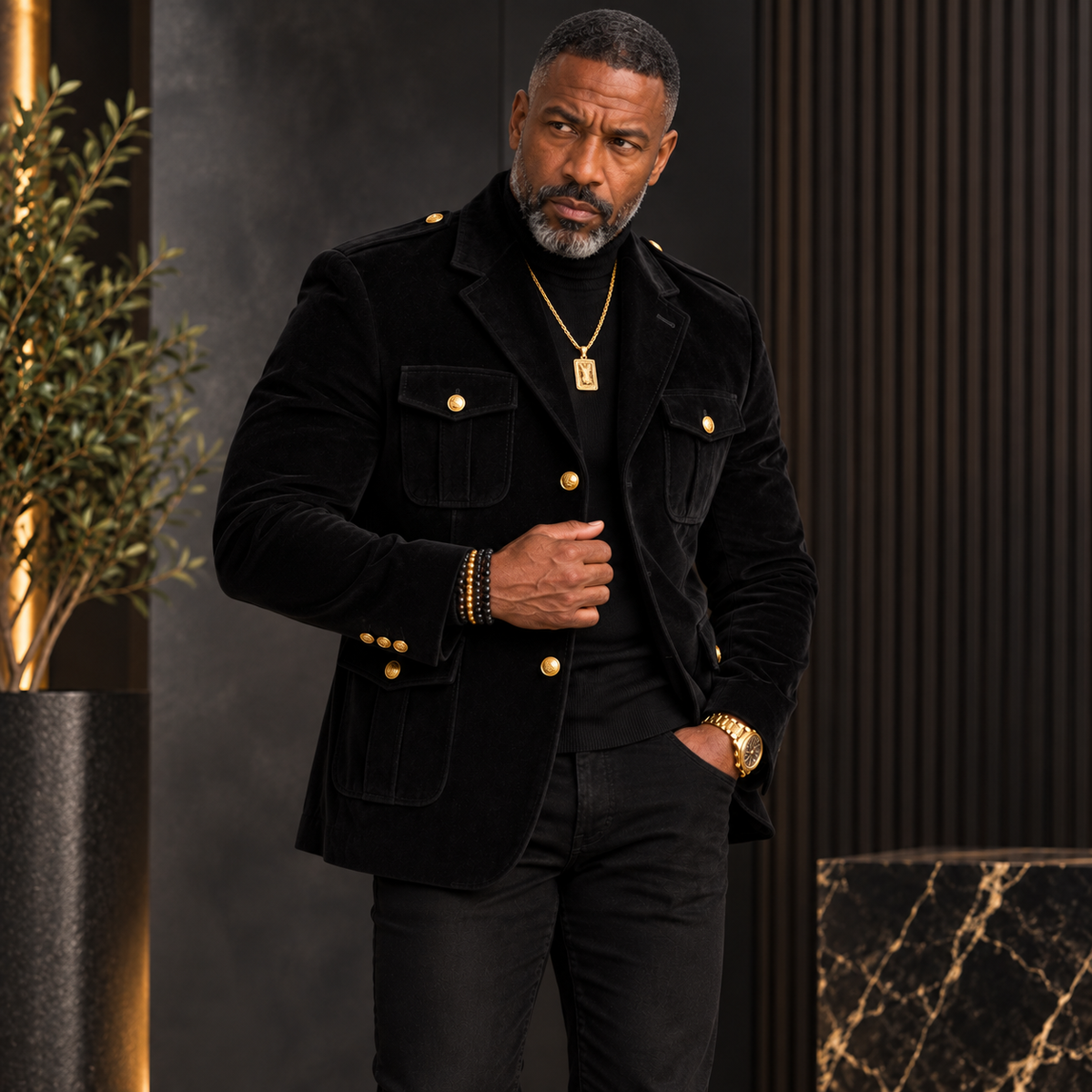 Inserch Men’s Velveteen Suede Military Blazer BL-569 Black