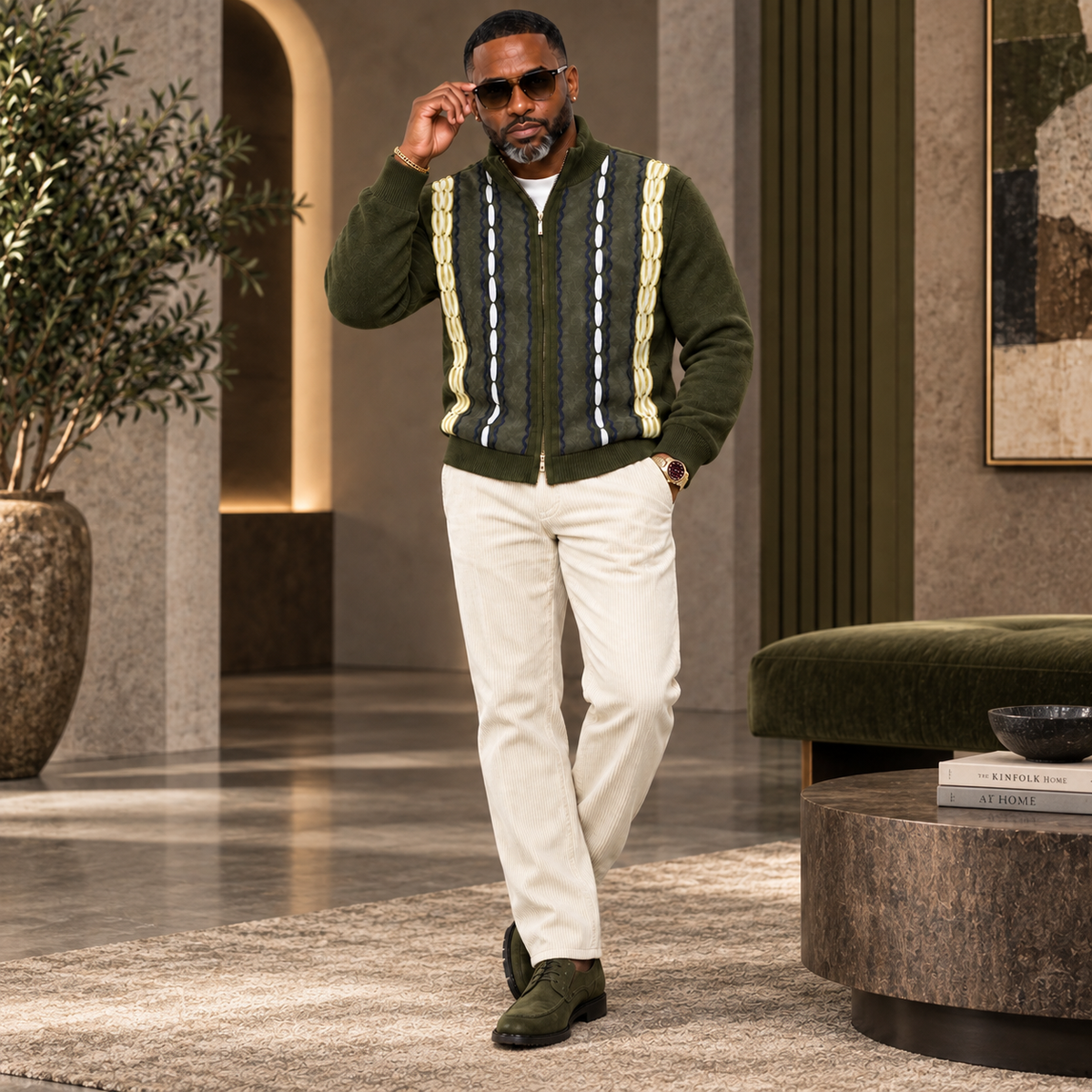 Silversilk Men’s Heritage Stripe Full-Zip Sweater Jacket: Olive Blue