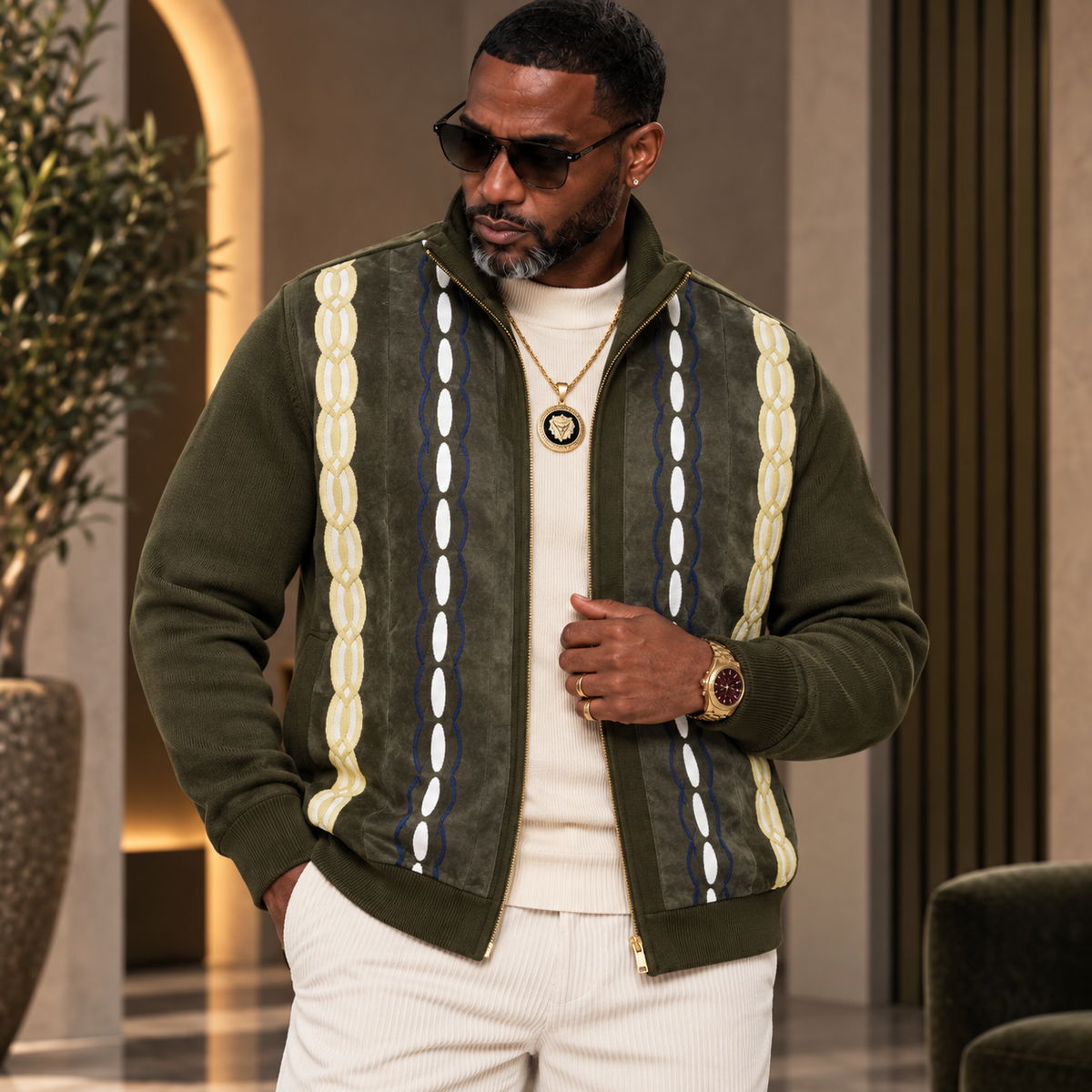 Silversilk Men’s Heritage Stripe Full-Zip Sweater Jacket: Olive Blue