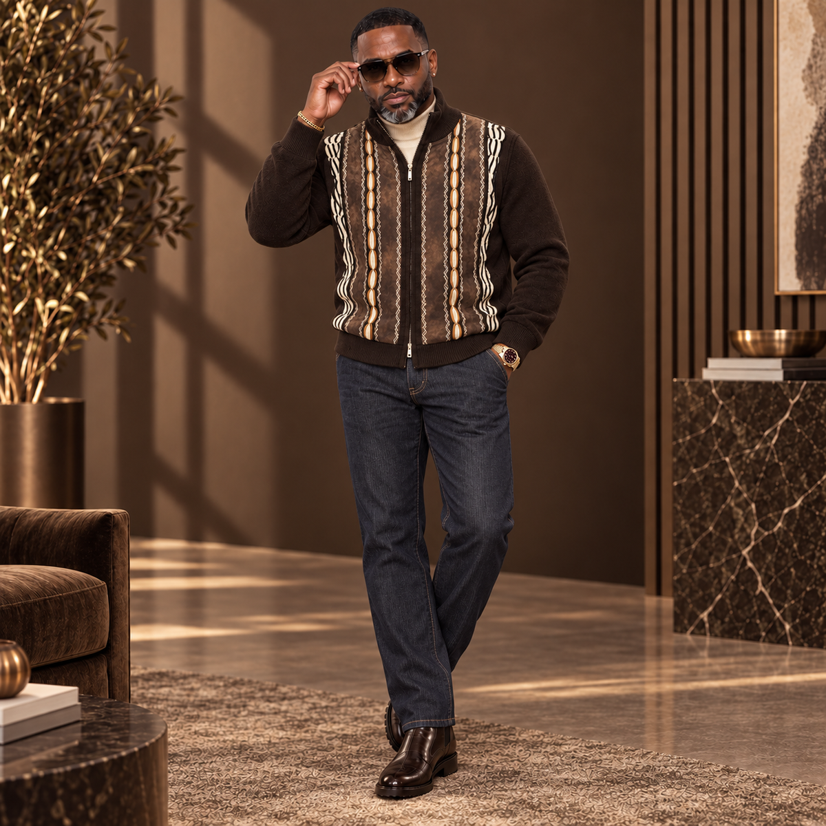 Silversilk Men’s Heritage Stripe Full-Zip Sweater Jacket: Chocolate Brown