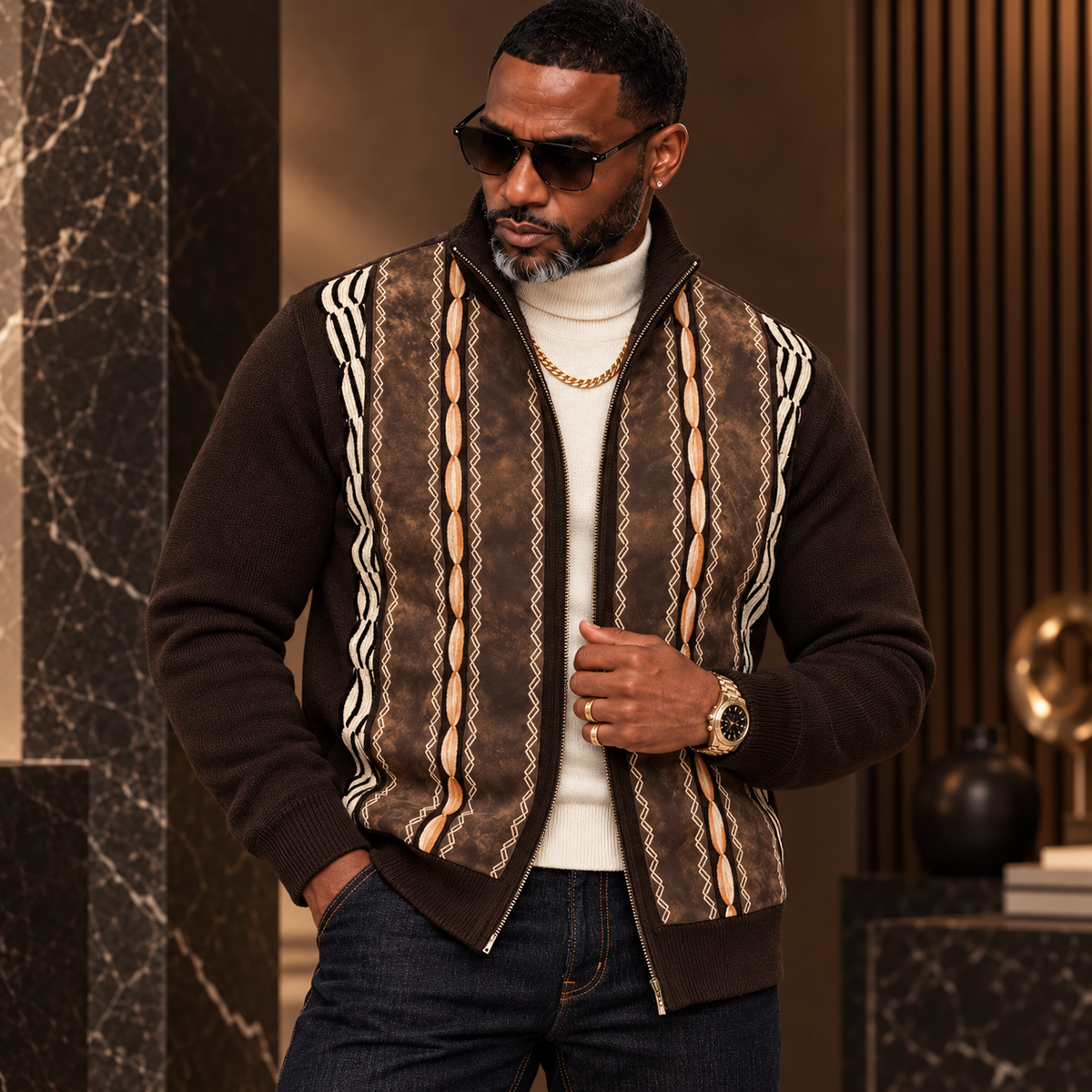 Silversilk Men’s Heritage Stripe Full-Zip Sweater Jacket: Chocolate Brown