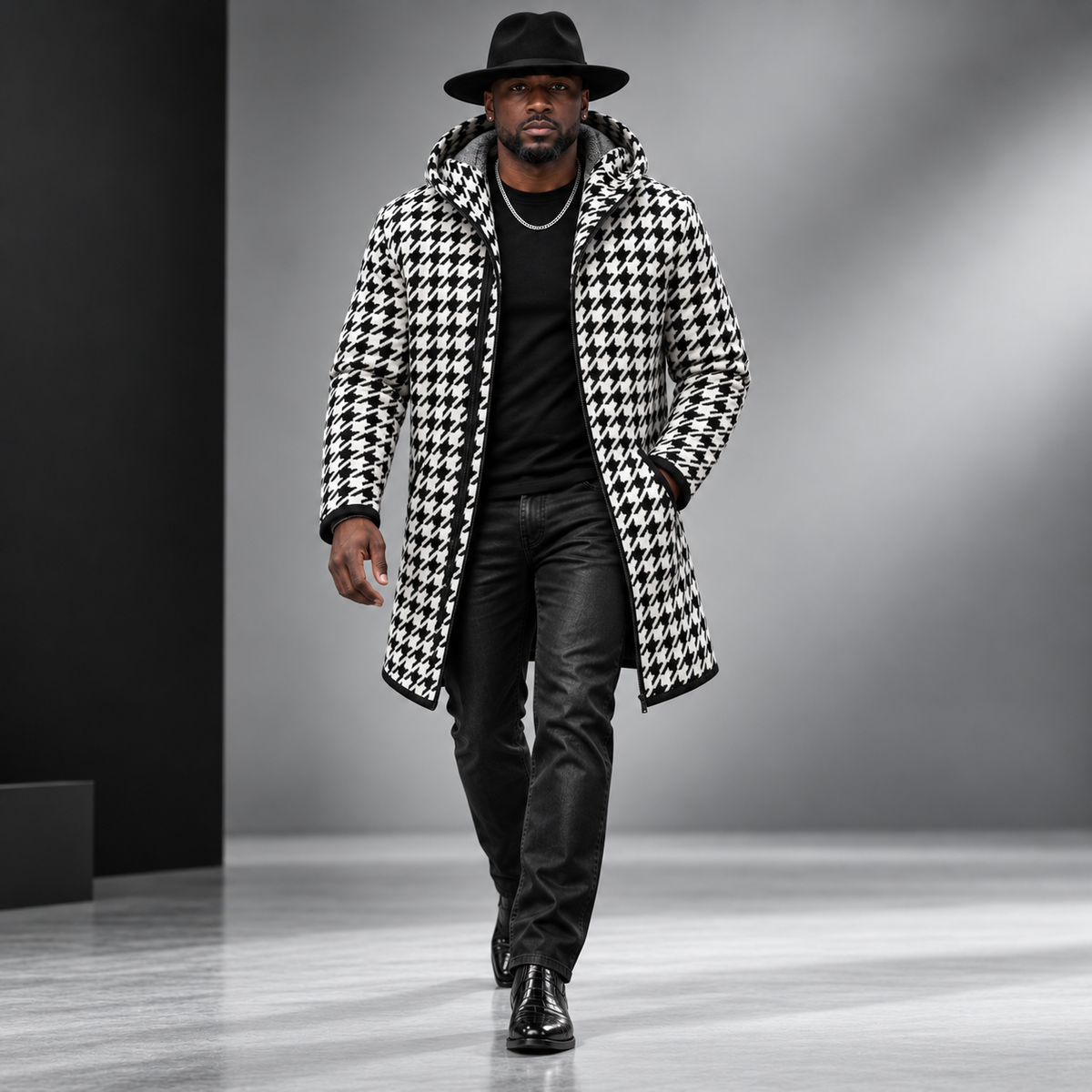 OIM Houndstooth Cardigan 3/4 Length Sweater Jacket Black/White