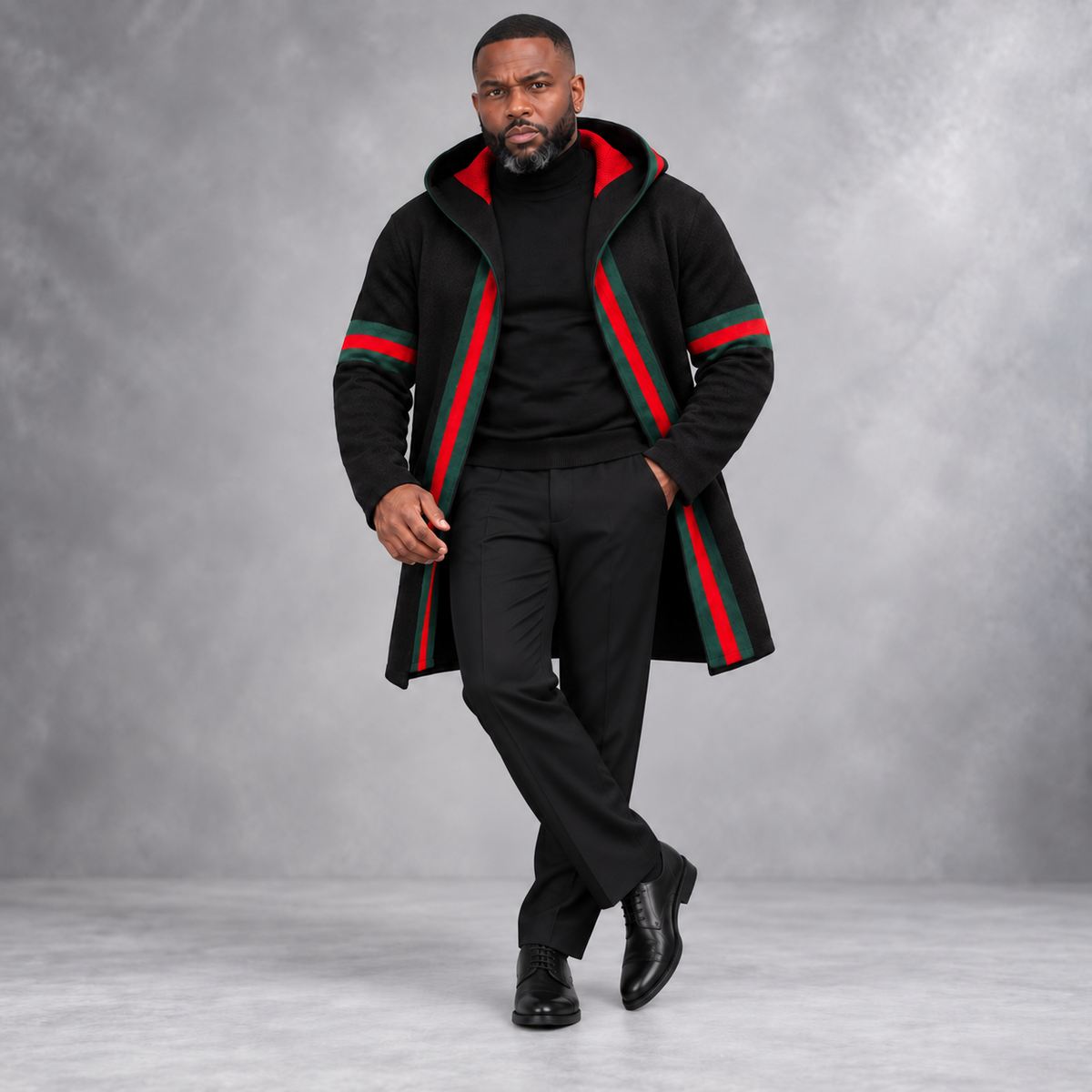 OIM Designer Cardigan 3/4 Length Sweater Jacket (Black/Red)