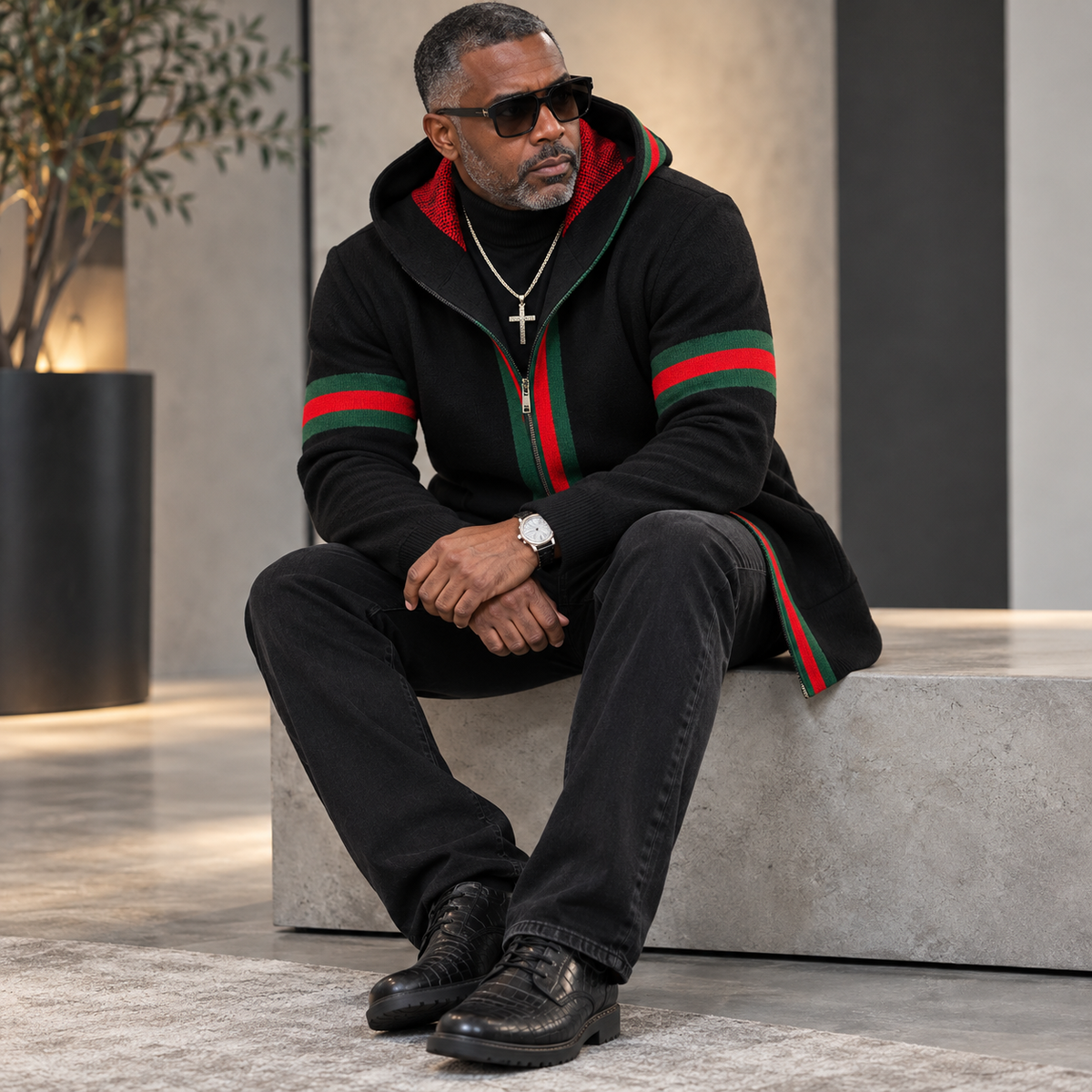 OIM Designer Cardigan 3/4 Length Sweater Jacket (Black/Red)