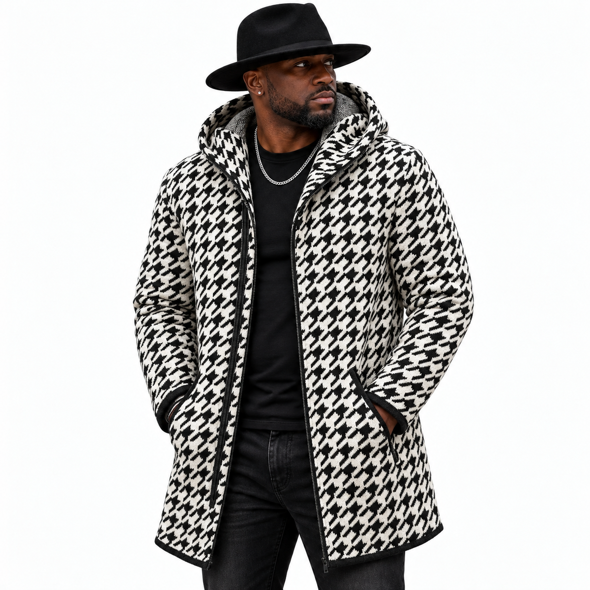 OIM Houndstooth Cardigan 3/4 Length Sweater Jacket Black/White