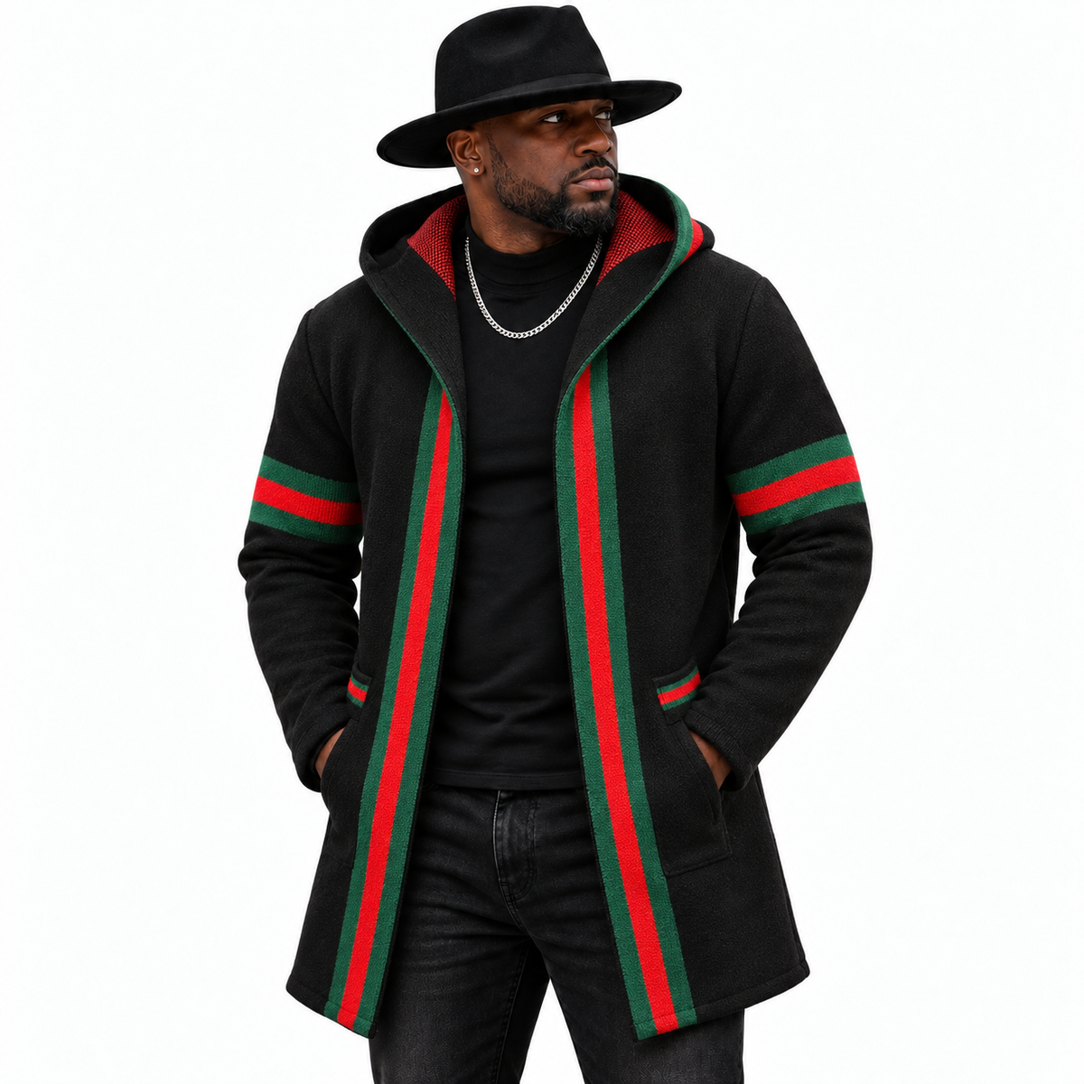OIM Designer Cardigan 3/4 Length Sweater Jacket (Black/Red)