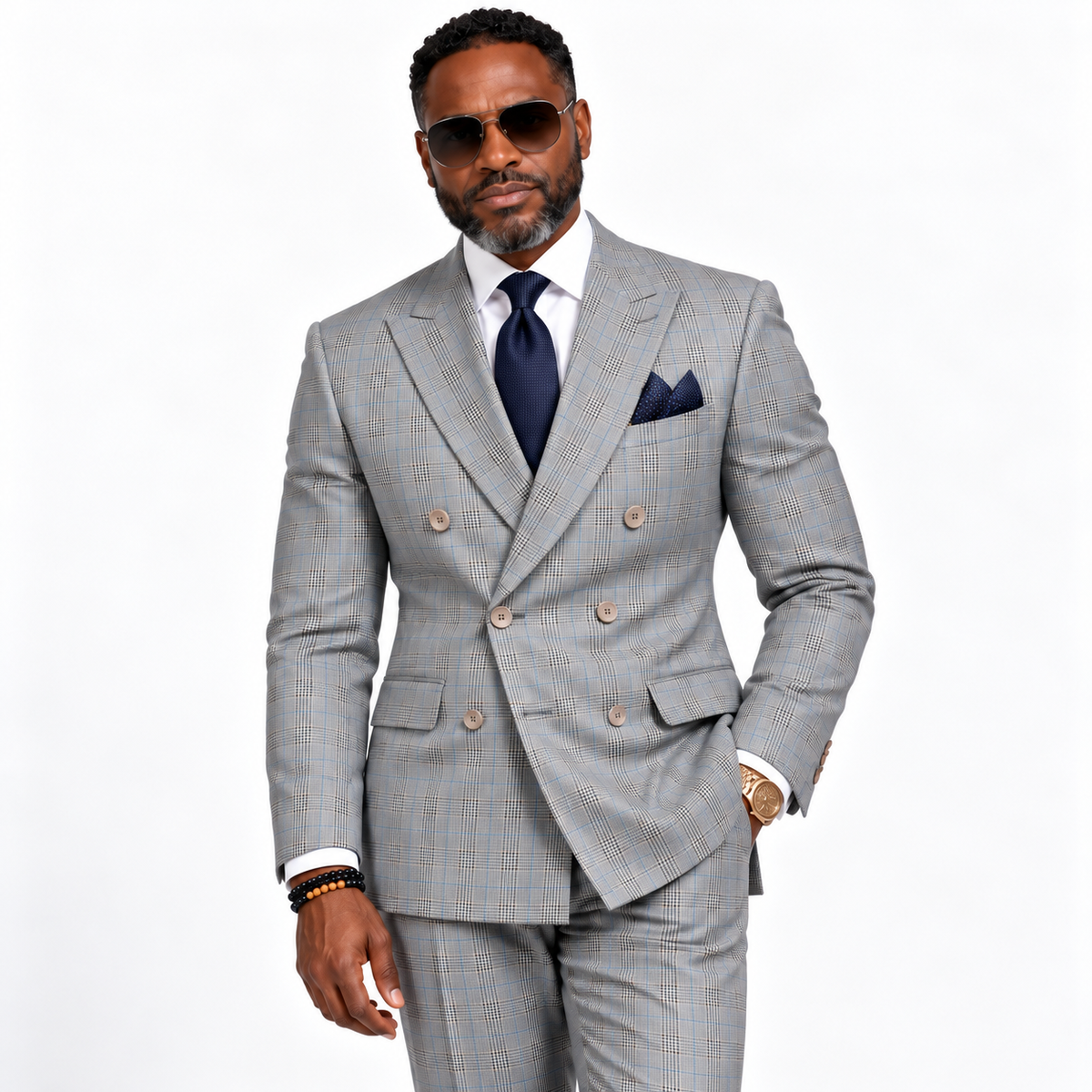 Men’s Regular Fit Double Breasted Plaid Suit with Flat Front Pants and Side Vents – Gray - DRW-2B