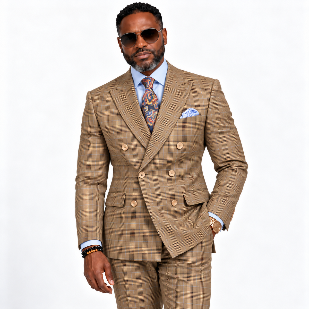 Men’s Regular Fit Double Breasted Plaid Suit with Flat Front Pants and Side Vents – Mocha - DRW-2B