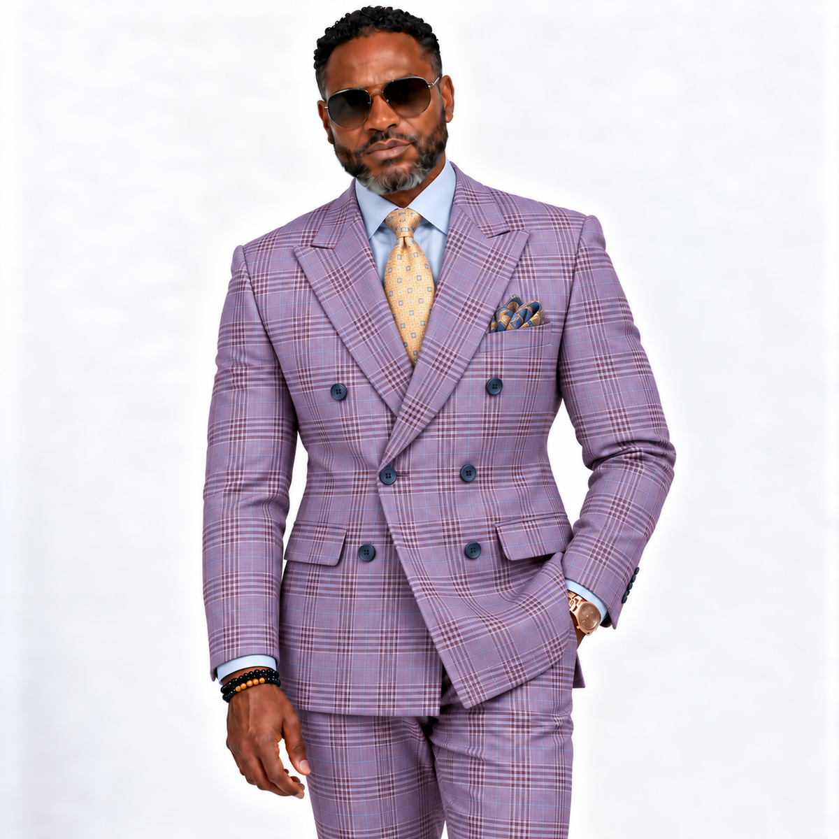 Men’s Regular Fit Double Breasted Plaid Suit with Flat Front Pants and Side Vents – Light Purple - DRW-2B