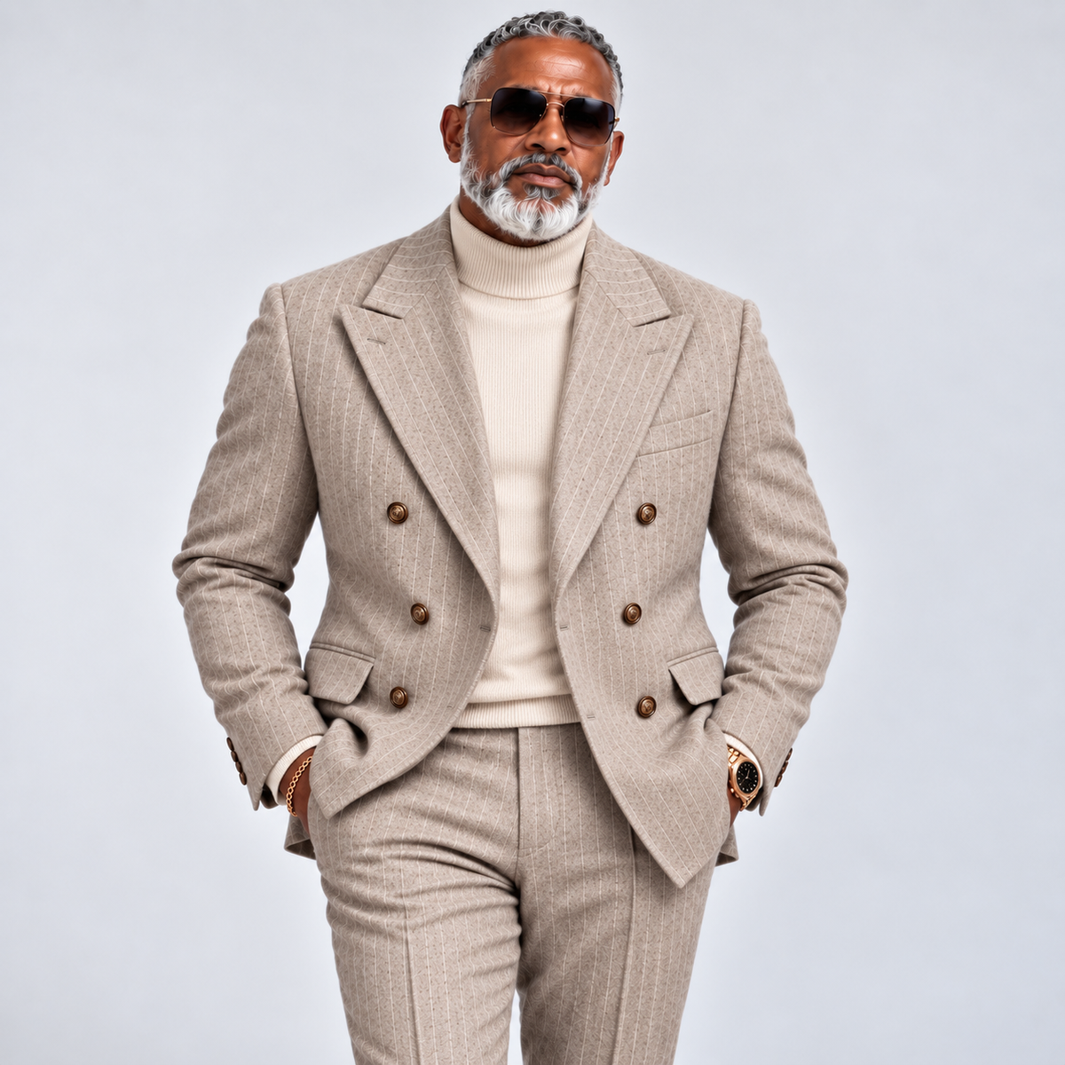 Inserch Wool Blend DB Wide Stripe Suit - Stone