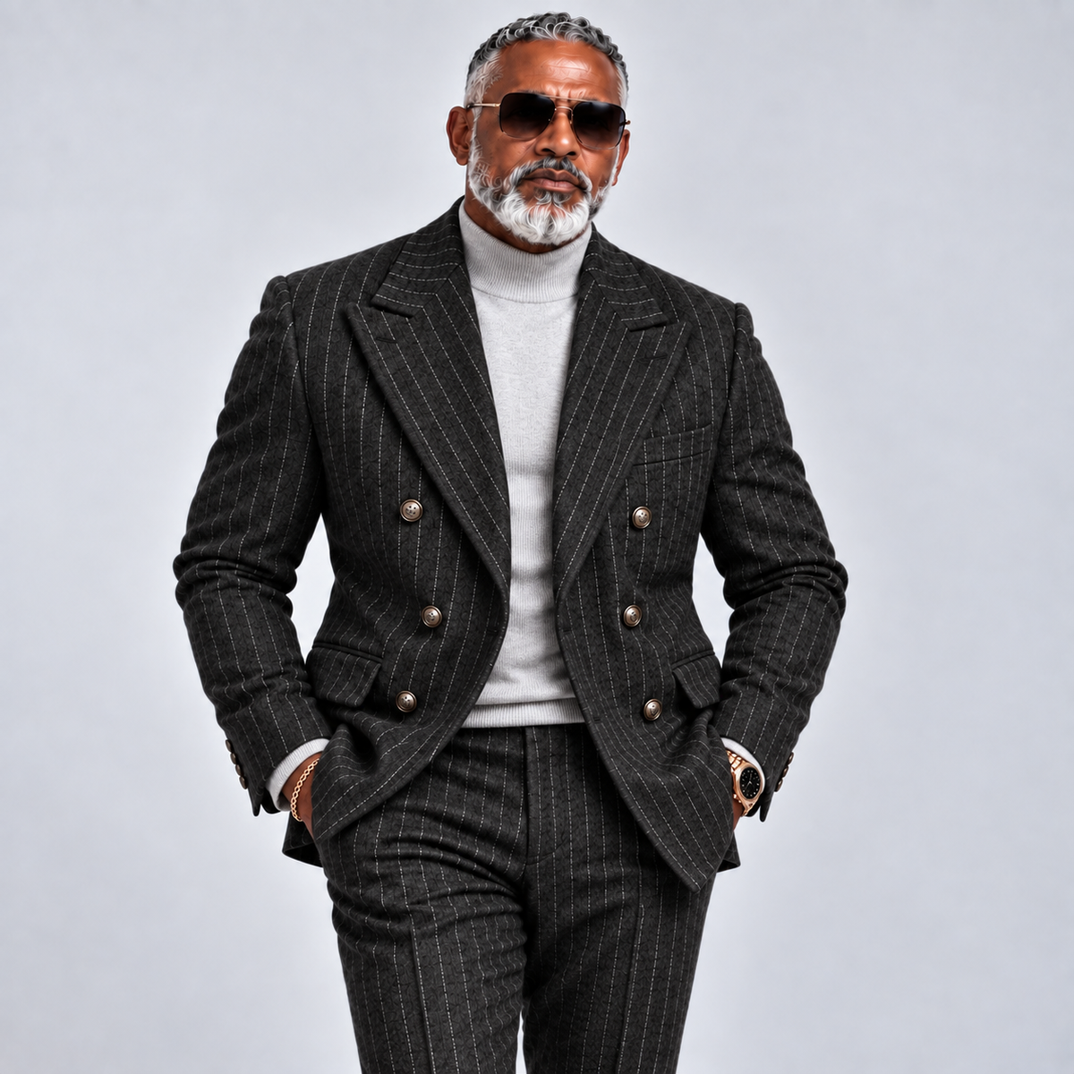 Inserch Wool Blend DB Wide Stripe Suit - Black