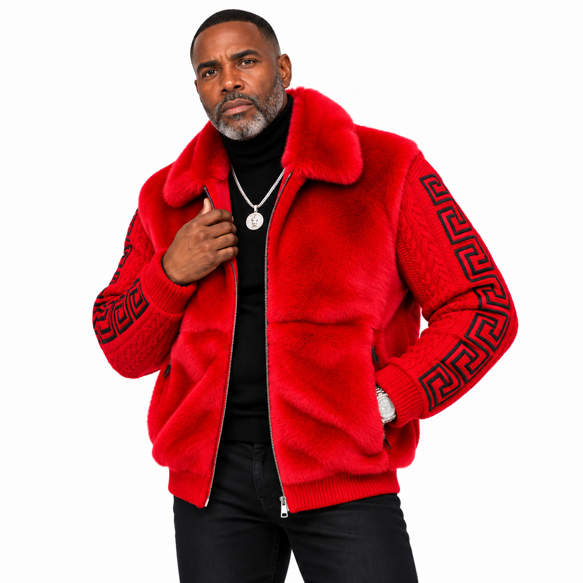 Prestige Fur Bomber Sweater Jacket (Red/Black) 170
