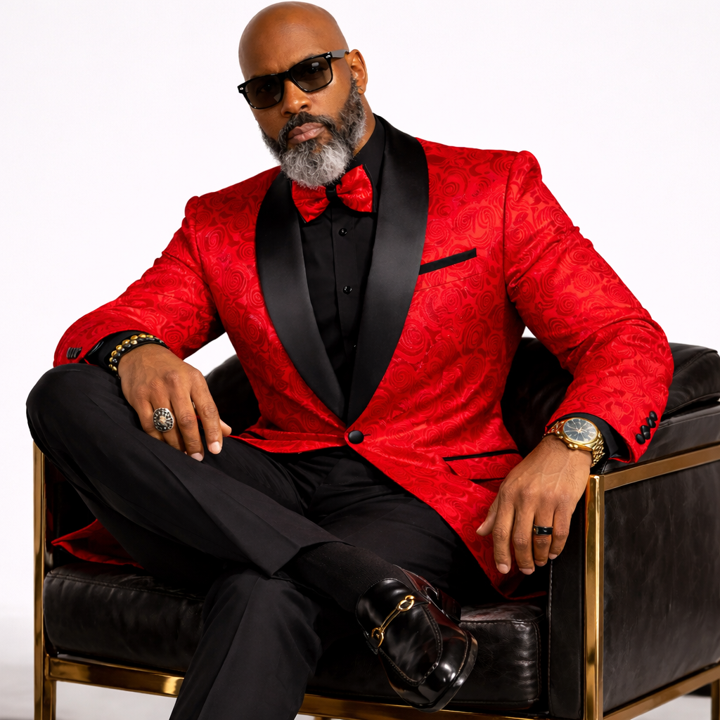 Men’s Floral Jacquard Shawl Lapel Blazer with Matching Bow Tie – Formal Tuxedo Jacket – Red