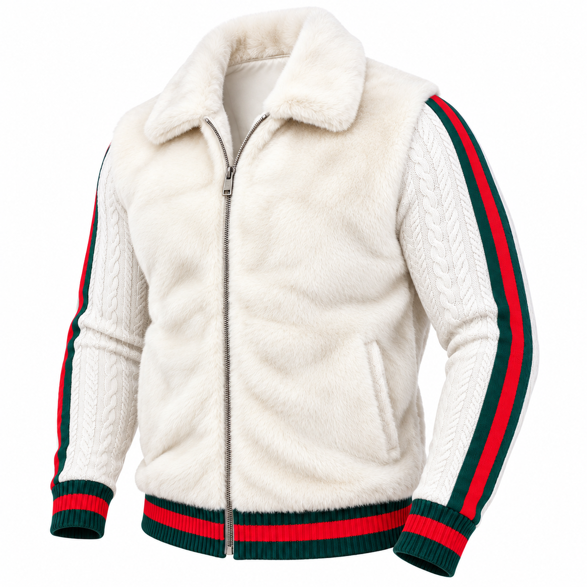 Prestige Fur Bomber Sweater Jacket (White/Red/Green) 175