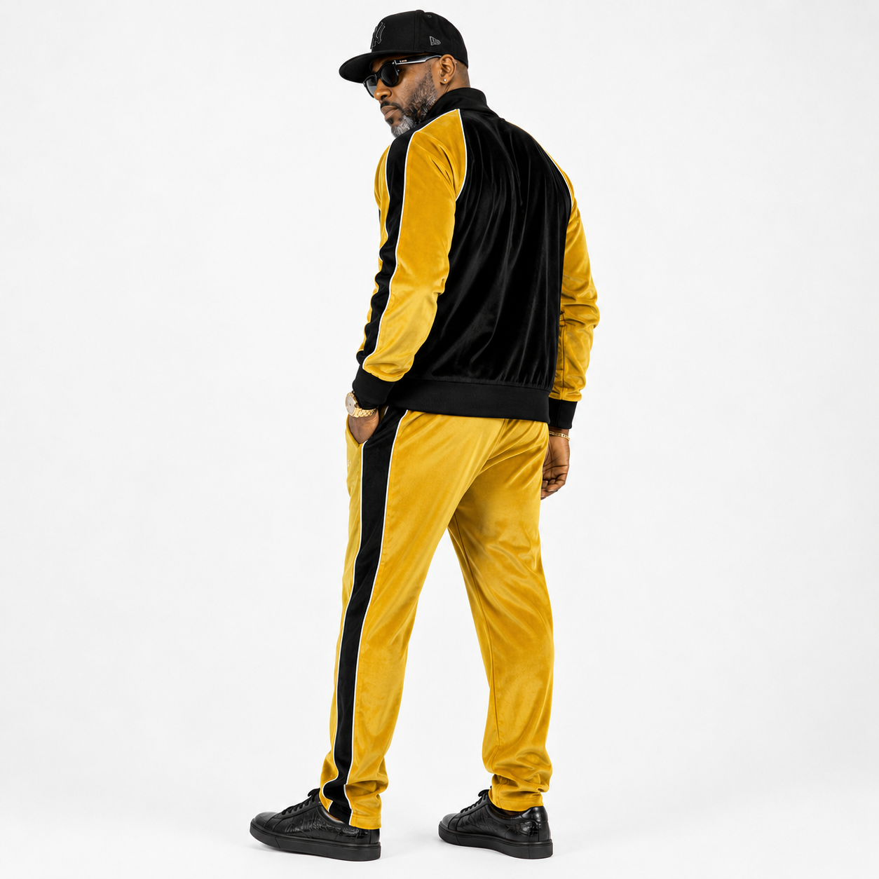 Inserch Men's Velour Track Jacket & Pant Set: Gold/Black