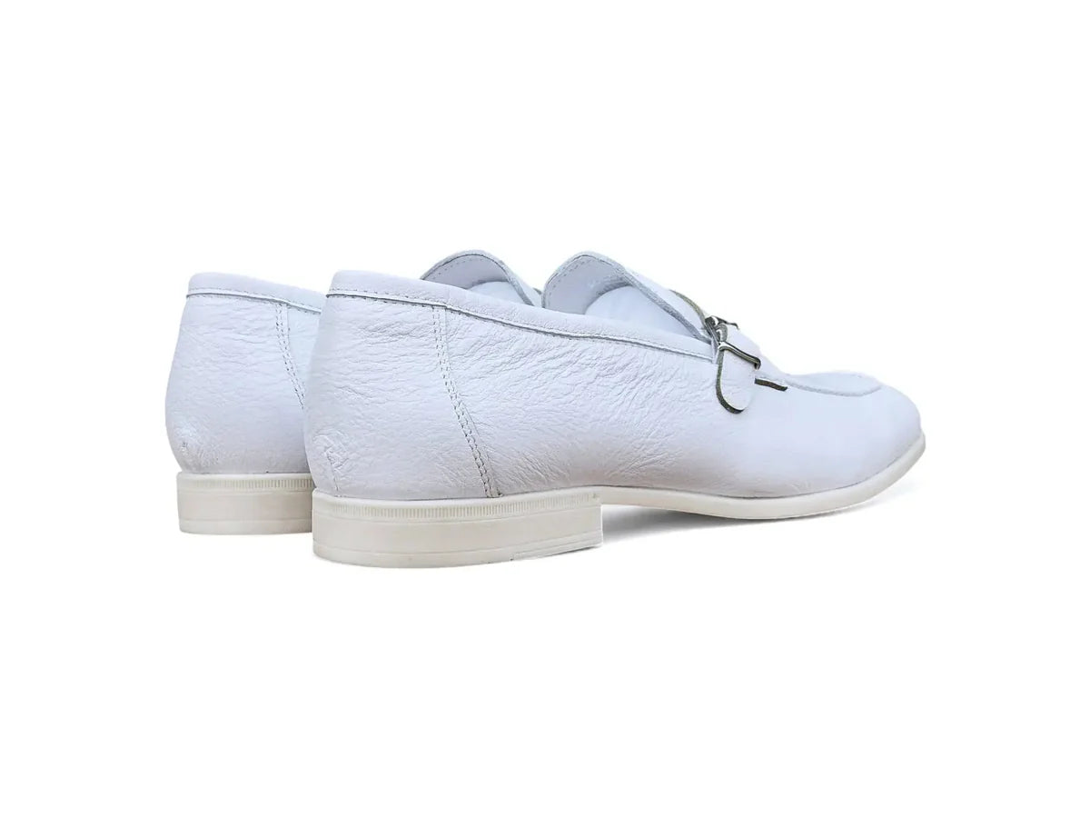 Carrucci Grant Buckle Loafer Premium Pebbled Leather Dress Shoe – White