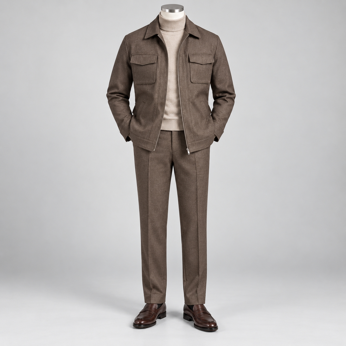 Robert Lewis Signature Zip-Front Jacket Pant Set - Brown