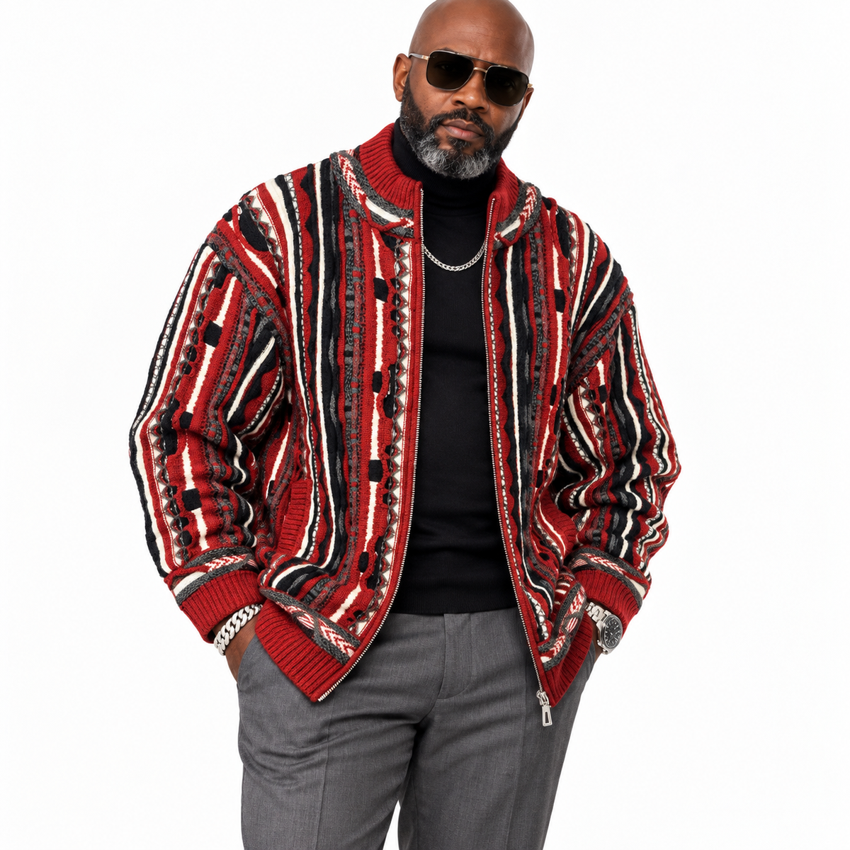 Silversilk Men’s Bomber Sweater Jacket: 32030 Red Gray Black