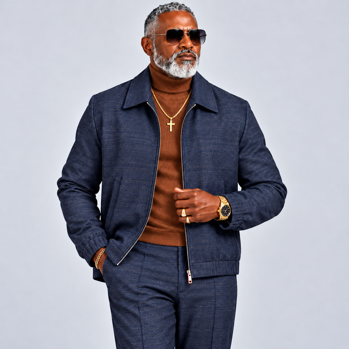Robert Lewis Plaid Zip-Front Jacket Pant Set - Navy Plaid