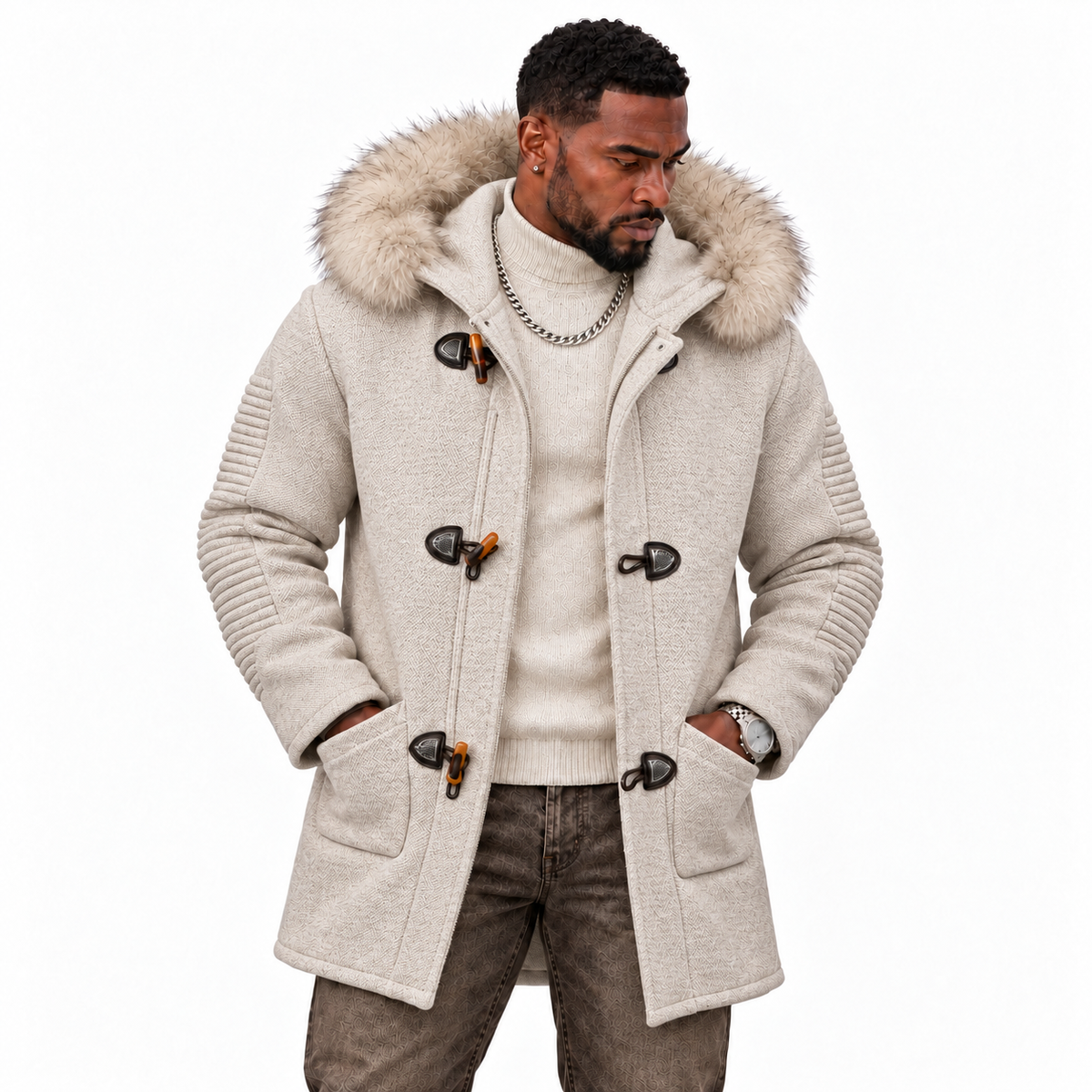 OIM Faux Fur 3/4 Length Toggle Cardigan: Sand Shell