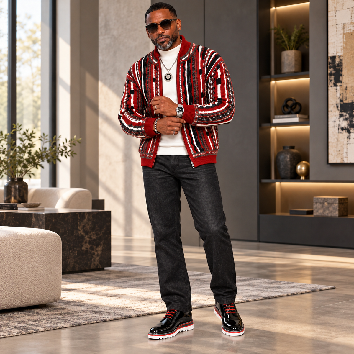 Silversilk Men’s Bomber Sweater Jacket: 32030 Red Gray Black