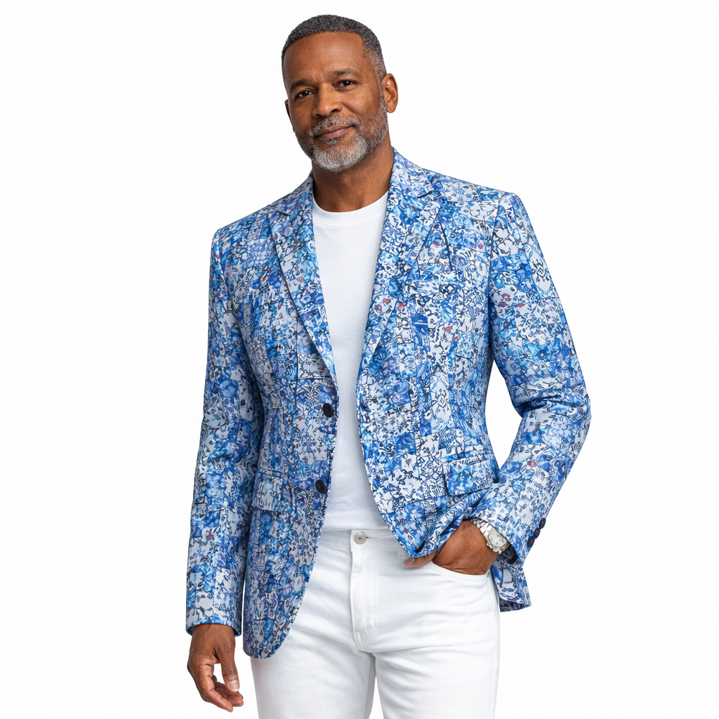 Inserch Patchwork Print Blazer Blue Wave Modern Fit BL261