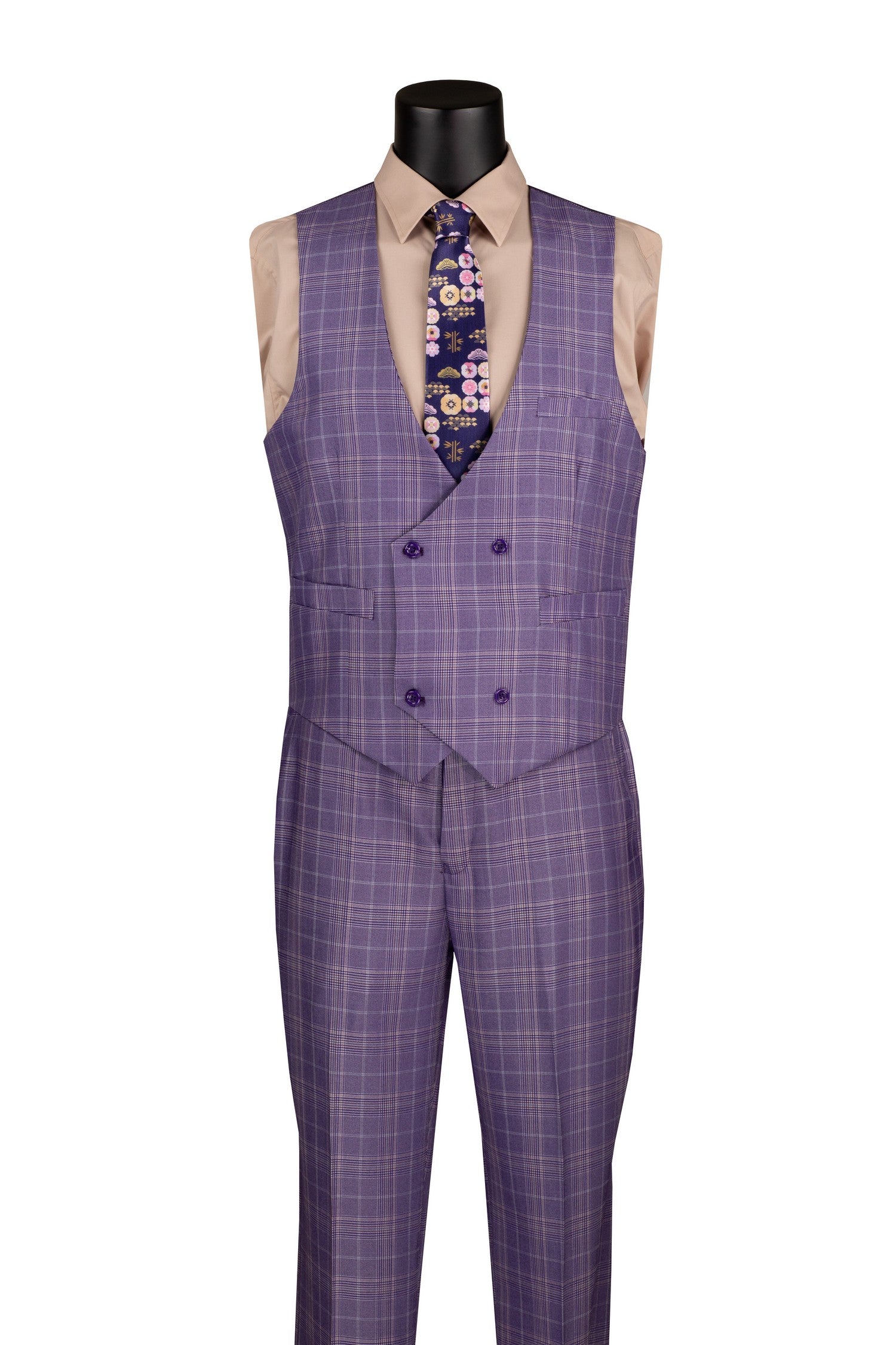 Men’s Glen Plaid 3 Piece Suit – Light Purple Regular Fit Double Breasted Vest V2RW7