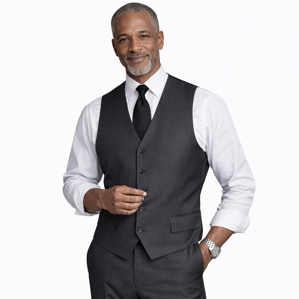 Men’s Shadow Stripe 3 Piece Suit – Black Regular Fit Vest V2RS-7